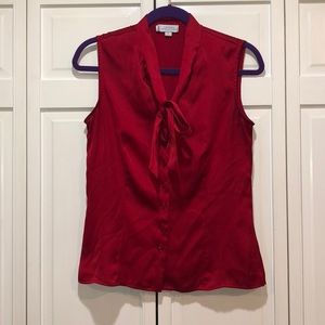 Tahari Red Silk sleeveless tie neck blouse